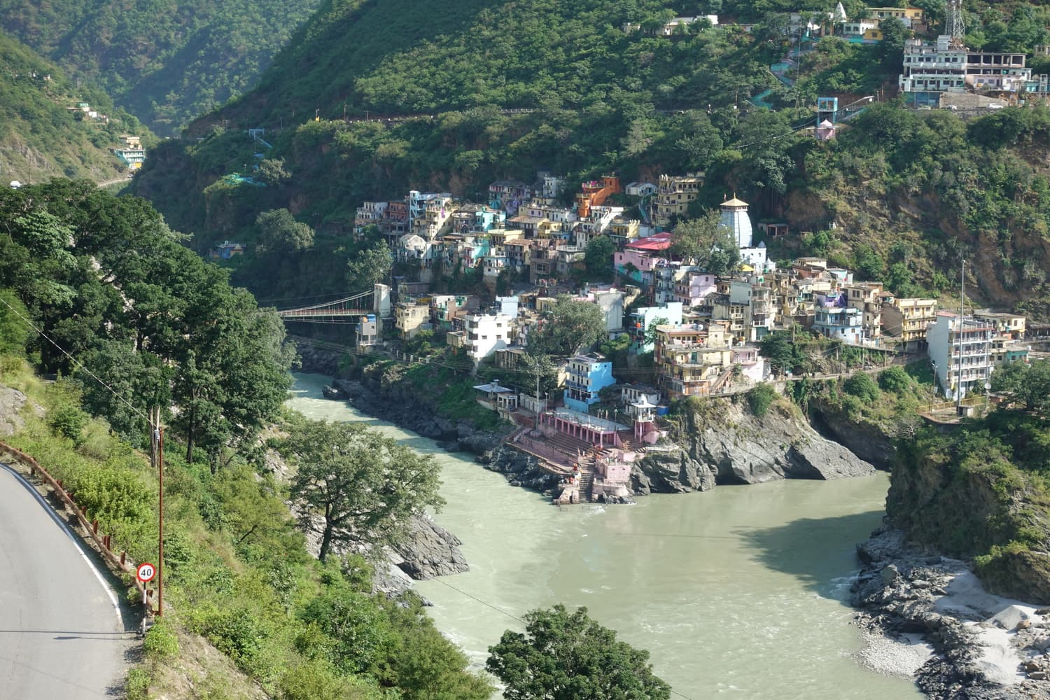 The town of Devprayag on its rocky spur where two rivers of different colours meet