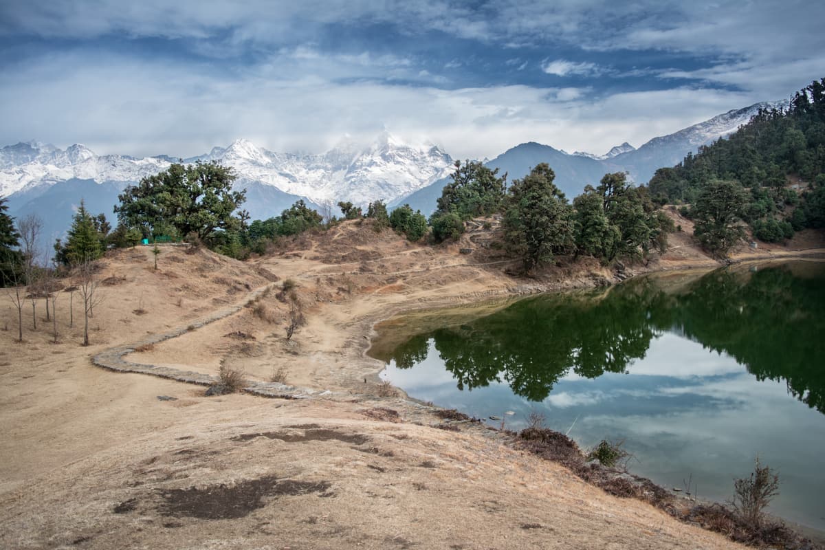 Snow peaks and forest reflected in the still water of Deoria Tal